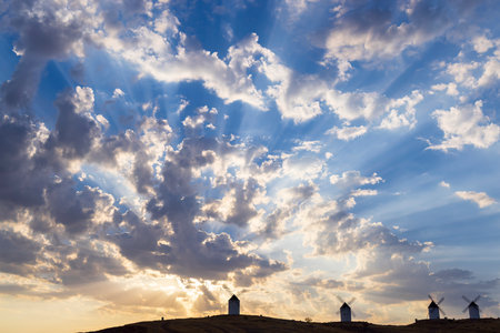 windmills in Alcazar de San Juan, Castile la Mancha, Spainの写真素材