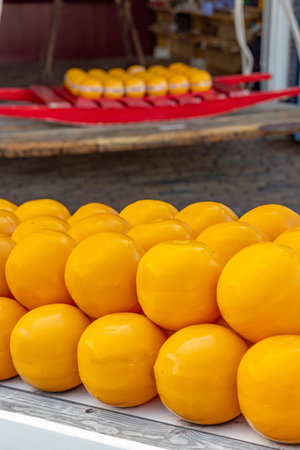 Detail of edam cheeses, town cheese market, Edam, North Holland, Netherlandsの写真素材