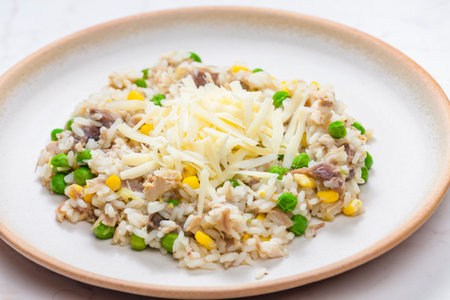 Czech style risotto with corn and green peasの写真素材