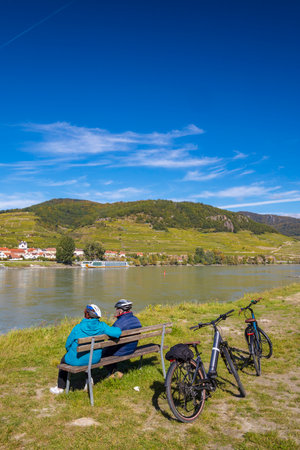 Wachau valley with Weisenkirchen in der Wachau and Danube river, UNESCO site, Austriaのeditorial素材