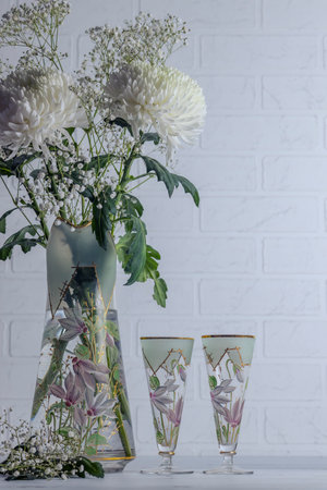 bouquet of white chrysanthemums and gypsophila paniculataの写真素材