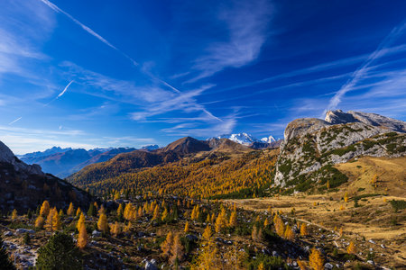 Landscape near Livinallongo del Col di Lana and Valparola Pass, Dolomites Alps, South Tyrol, Italyの写真素材