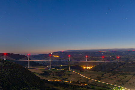 Multi-span cable stayed Millau Viaduct across gorge valley of Tarn River, Aveyron Departement, Franceの写真素材