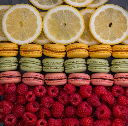 macaroons of different colors with raspberries and lemonの写真素材