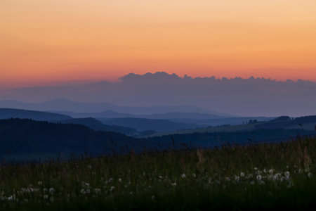 landscape with the Giant Mountains in the background at sunset, Czech Republic