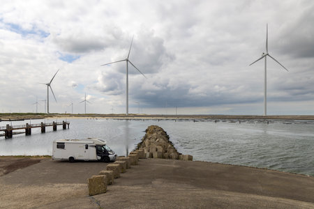 Wind turbines on edge of  national park Oosterschelde, Domburg - Vrouwenpolder, The Netherlands