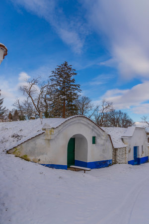 Group of typical outdoor wine cellars in Plze near Petrov, Southern Moravia, Czech Republicの写真素材