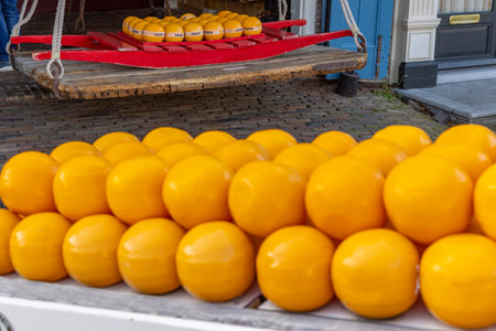 Detail of edam cheeses, town cheese market, Edam, North Holland, Netherlandsの写真素材