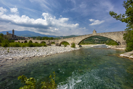 Gobbo Bridge also Devil Bridge or Ponte del Diavolo or Ponte Gobbo in Bobbio, Piacenza province, Trebbia Valley, Emilia Romagna, Italyの写真素材