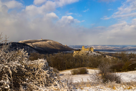 Palava winter landscape with Sirotci hradek ruins, Southern Moravia, Czech Republicの写真素材