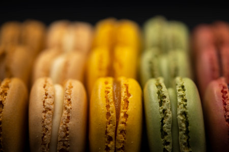 macaroons of different colors on a black backgroundの写真素材