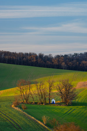 Landscape with chapel of St. Barborkas near Strazovice, Southern Moravia, Czech Republicの写真素材