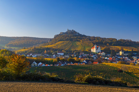 Falkenstein ruins and town with vineyard, Lower Austria, Austriaの写真素材