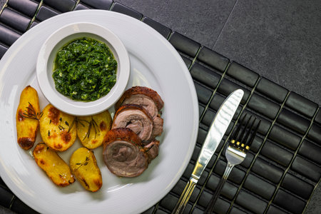 pork roll with spinach and roasted potatoesの写真素材
