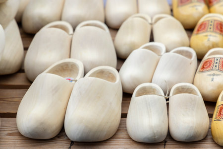 still life of typical wooden Dutch clogsの写真素材