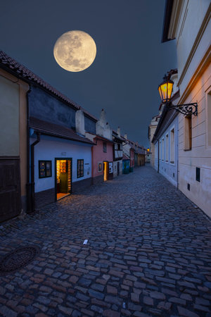 Golden Alley in Prague Castle, long row of small houses, Prague, Czech Republicの写真素材