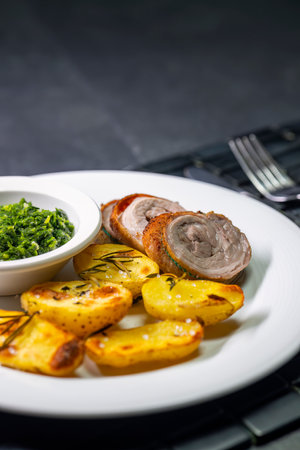 pork roll with spinach and roasted potatoesの写真素材