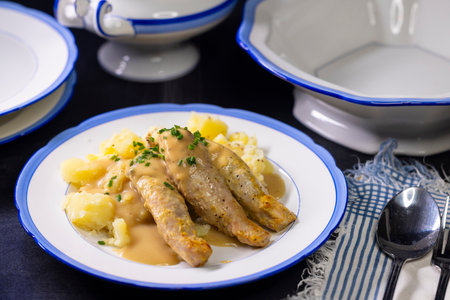 rabbit with cream sauce and mashed potatoesの写真素材