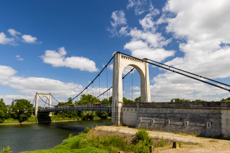 Suspension bridge crossing the Loire river in Chalonnes sur Loire in the Maine et Loire department of the Loire region, Franceの写真素材
