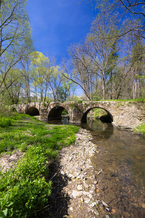 Scenic view of an ancient stone bridge over Doubrava river, surrounded by lush spring foliage near Zasmuky, Czechiaの写真素材