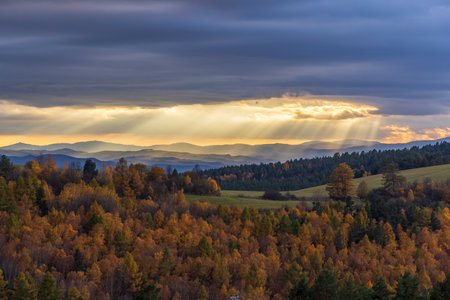 Sun rays shining through clouds over colorful autumn forest landscape with Low Tatrasの写真素材