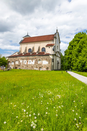 Church of Saint Peter and Paul standing tall in a field of dandelions in Nova Bystrice, Czechiaの写真素材