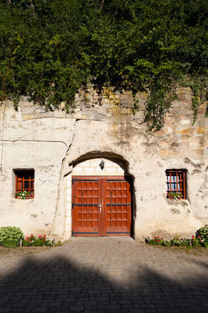 Charming rock cut house with a wooden door, barred windows, and lush vegetation, creating a unique and historical sceneの写真素材
