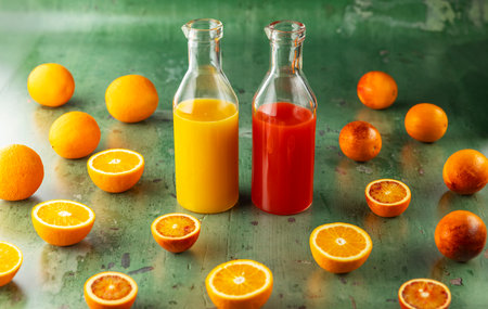 Two bottles containing orange and blood orange juice resting on green metal table surrounded by oranges and orange halvesの写真素材