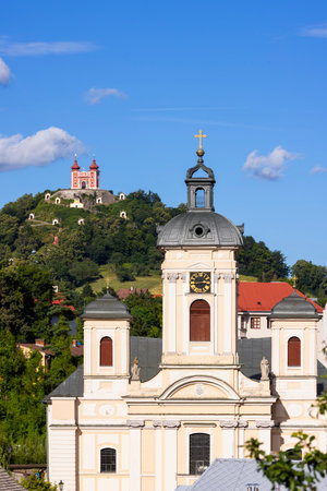 Church of the Assumption of the Virgin Mary with Calvary on the hill in Banska Stiavnica, Slovakia, a UNESCO World Heritage siteの写真素材