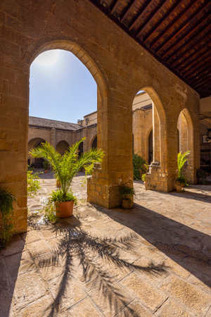 Stone arches creating shadows in the cloister of the Santa Maria Cathedral in Baeza, Jaen, Andalucia, Spainの写真素材