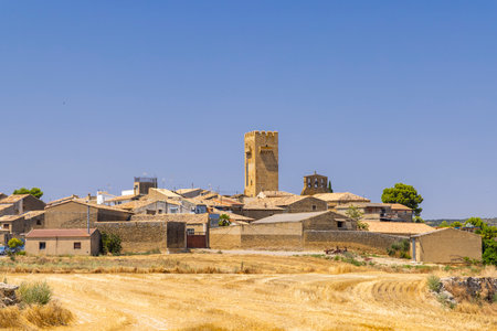Layana, located in Aragon, Spain, showcases its medieval tower against a clear blue sky, surrounded by traditional architecture and golden fieldsの写真素材
