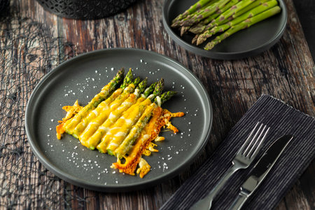 Delicious baked asparagus with melted cheese lying on a gray plate, ready to be eatenの写真素材