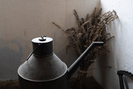 Vintage metal watering can and dried lavender flowers create a rustic still life in a corner of a room in Heimschuh, Styria, Austriaの写真素材