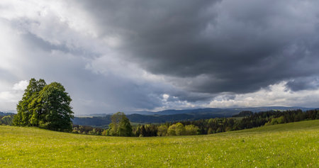 Dramatic cloudscape over a green meadow with trees and hills in the background