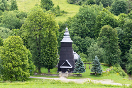Traditional wooden church nestled in a verdant forest landscapeの写真素材
