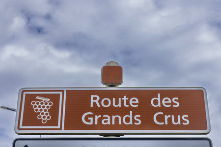 Road sign for Route des Grands Crus in Burgundy, Franceの写真素材