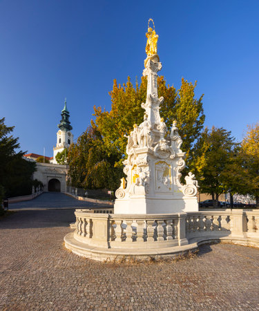 Historic monument under blue sky in Nitra, Slovakiaの写真素材
