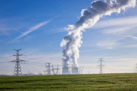 Smoke billowing from power plant near Temelin, Czechiaの写真素材