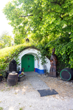 Rustic wine cellar entrance surrounded by lush greenery and barrelsの写真素材