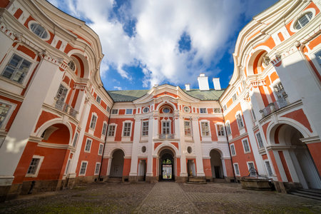 Baroque architecture displayed in Broumov's historic monastery courtyardの写真素材