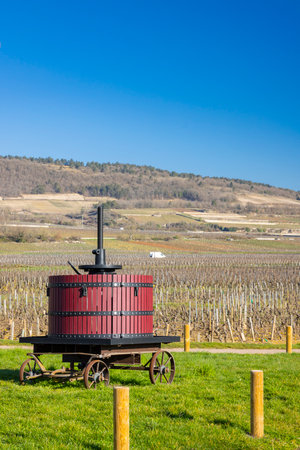 Vintage wine press in a scenic French vineyard under a clear blue skyの写真素材