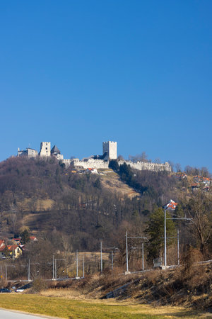 Historic castle standing on a hill in Celje, Sloveniaの写真素材