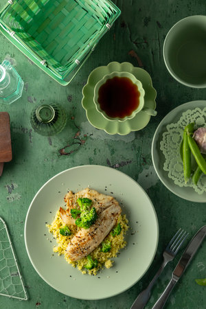Delicious grilled fish fillet seasoned with sesame seeds, served with broccoli and couscous, accompanied by a cup of teaの写真素材
