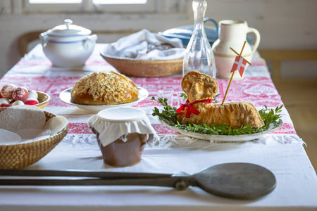 Festive Easter table with traditional Czech decorations and foodの写真素材