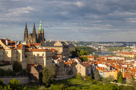 Scenic view of Prague with St. Vitus Cathedral and red rooftopsの写真素材