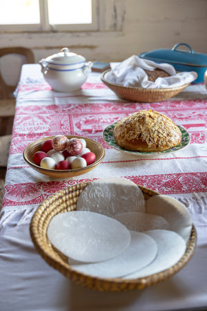 Festive Easter table with eggs and pastries in Kourim, Czechia