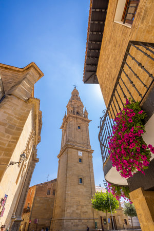 Low angle view of Santo Domingo de la Calzada Cathedral Tower in La Rioja, Spain, with pink flowers adorning a balconyの写真素材