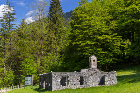Old abandoned stone house with a small tower in Vintgar Gorge, Gorje, Slovenia, surrounded by lush green forestの写真素材