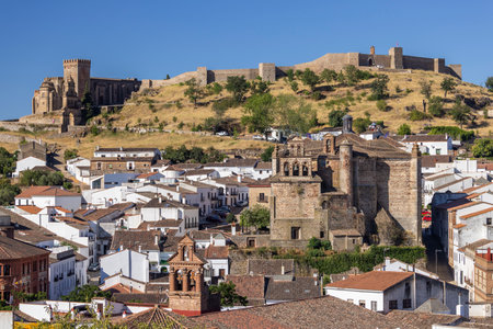 Aracena cityscape showcasing the medieval castle and church of Nuestra Senora del Mayor Dolor in Andalusia, Spainの写真素材