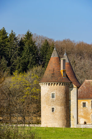 Two medieval dovecote towers with conical tiled roofs standing in the serene French countryside of Saint Emilandの写真素材